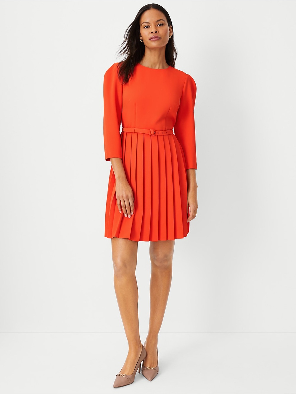 ANN TAYLOR Pleated Fit & Flare Dress Belted Red Orange 00P Petite NWT